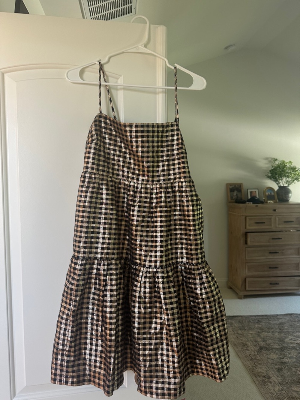 J. Crew Black and Cream Gingham Tiered Mini Dress